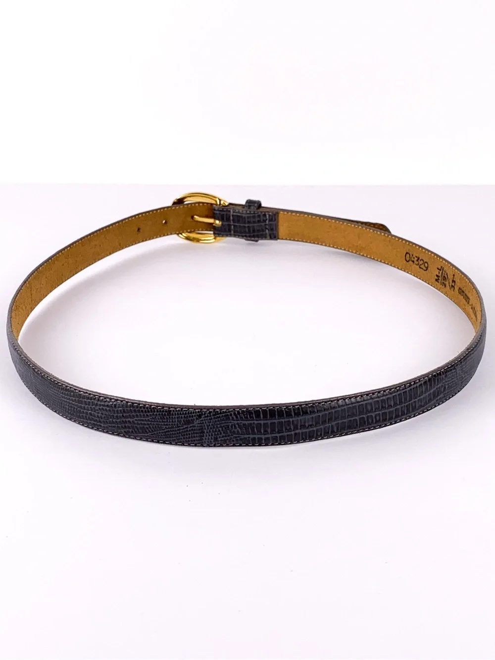 Vintage Greg Adams gray lizard embossed leather belt solid brass buckle size M/L